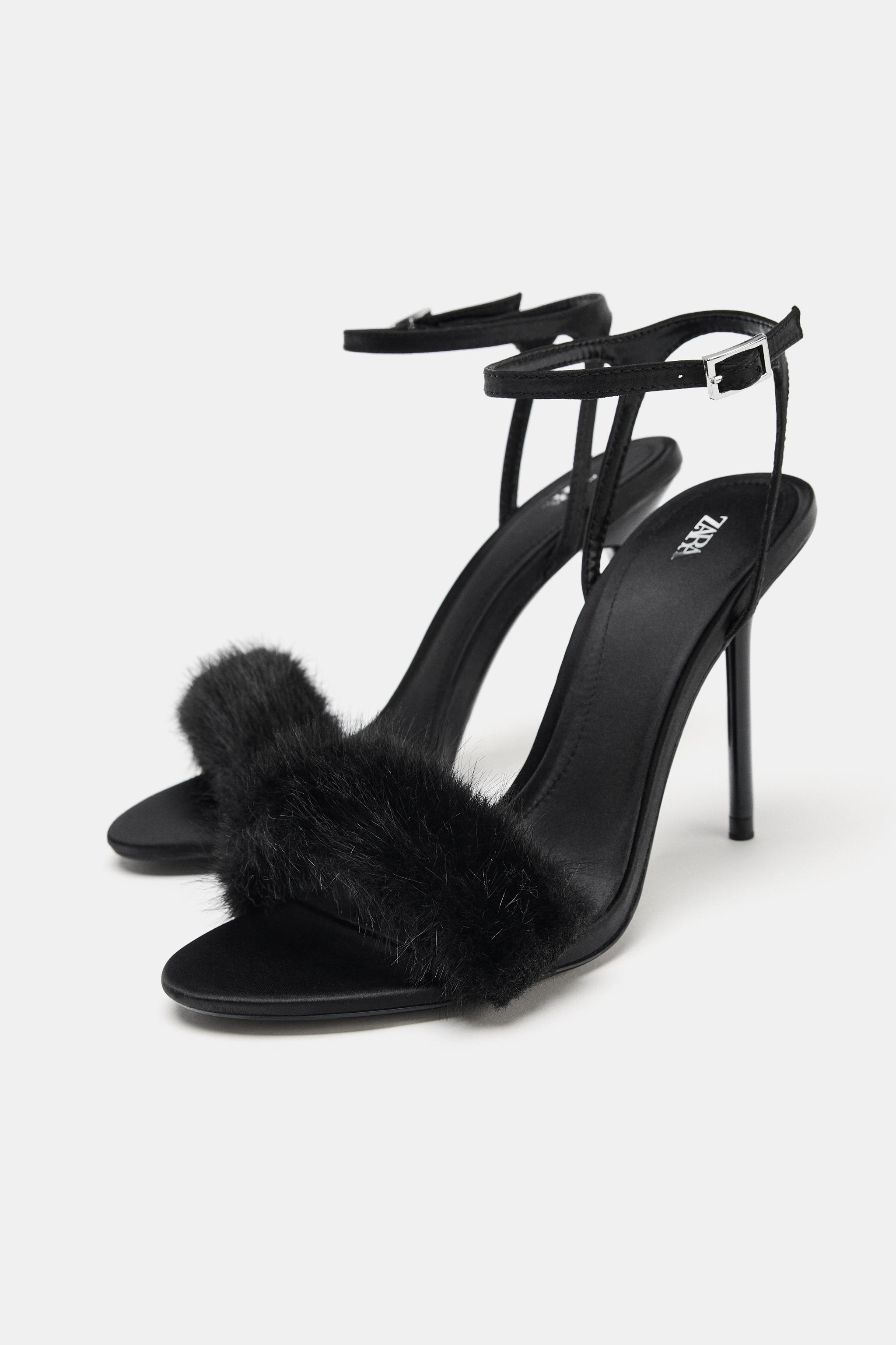 FAUX FUR STRAP HEELED SANDALS